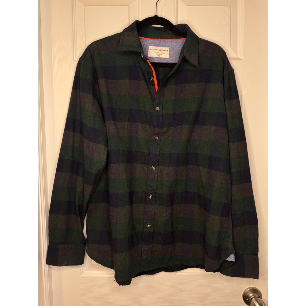 100% Cotton Hudson & Barrow Mountain Flannel Shirt Mens Large Green Navy Plaid